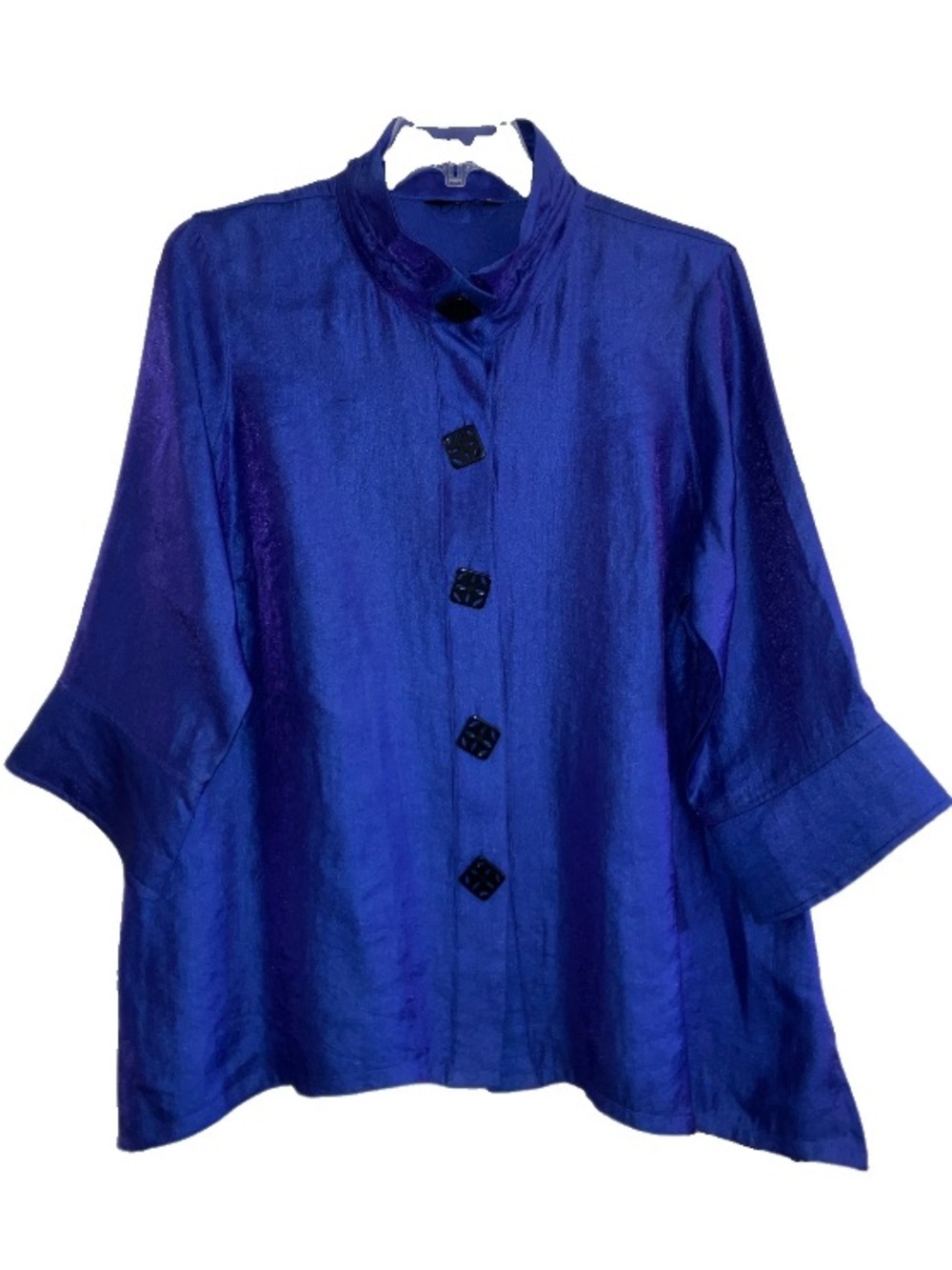 Ali Miles Jacket 2X Blue Button Front Stand Collar 3/4 Sleeve Lagenlook Asian
